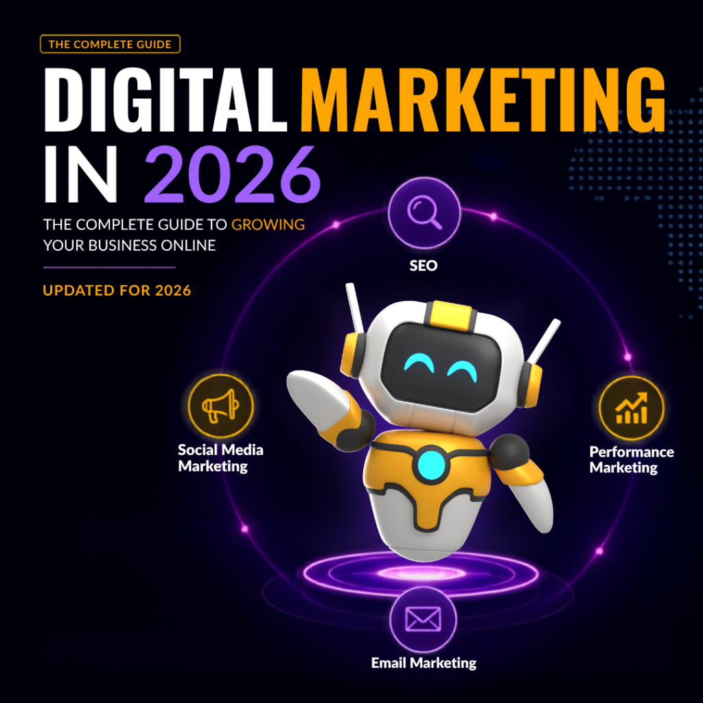 Digital Marketing in 2026 complete guide covering SEO, AI search, social media marketing, email marketing, and performance marketing for business growth.